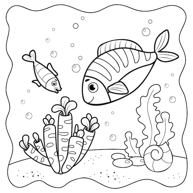 Vector fish black and white coloring book or coloring page for kids marine background