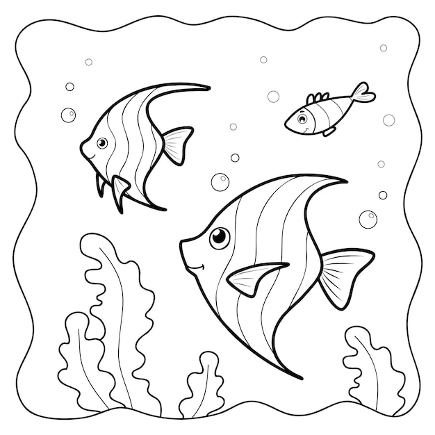 Fish black and white Coloring book or Coloring page for kids Marine background