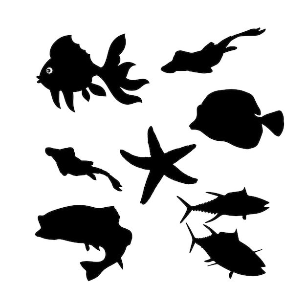 Vector fish black and white silhouettes set of marine animals