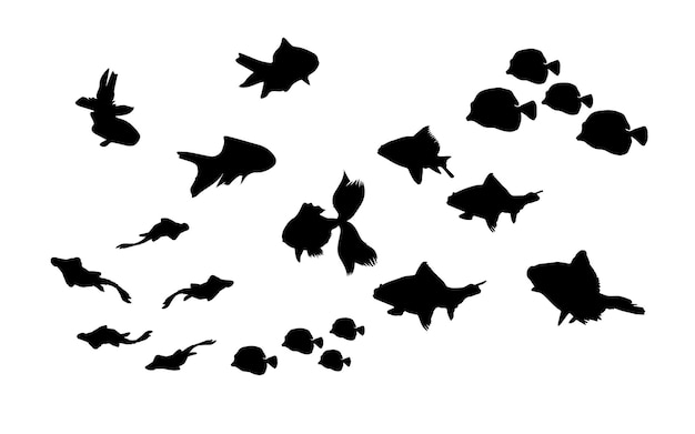 Fish black and white silhouettes set of marine animals