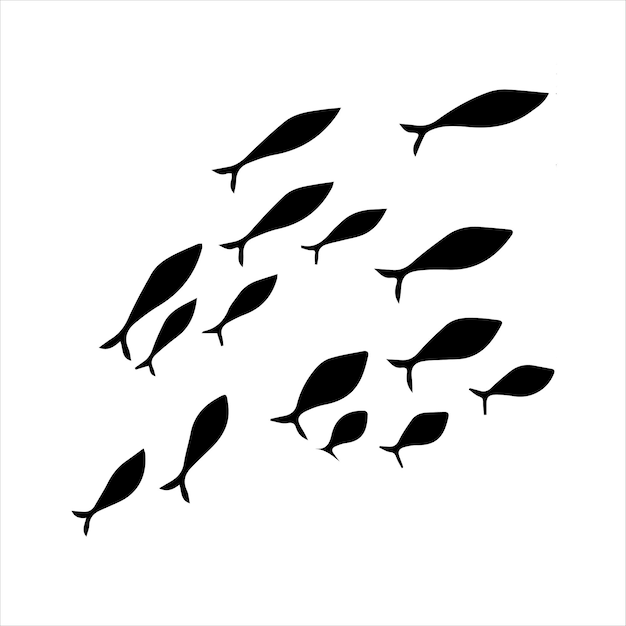 Vector fish black and white silhouettes set of marine animals