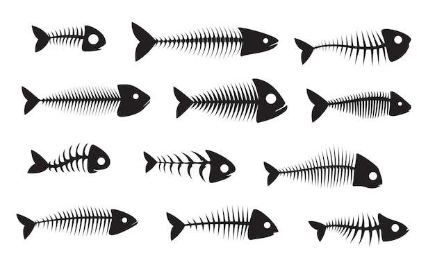 Fish bone silhouette icons, black isolated fishbone vector skeletons. Dead fish bones of herring, barracuda or piranha with head skull and spine tail, marine and sea nautical symbols