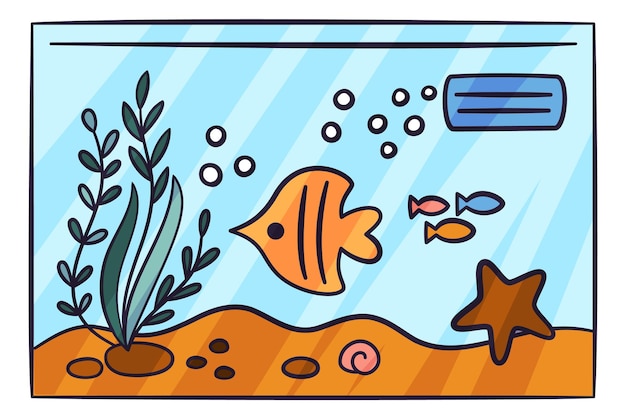 Vector fish bowl drawing cute color doodle aquarium