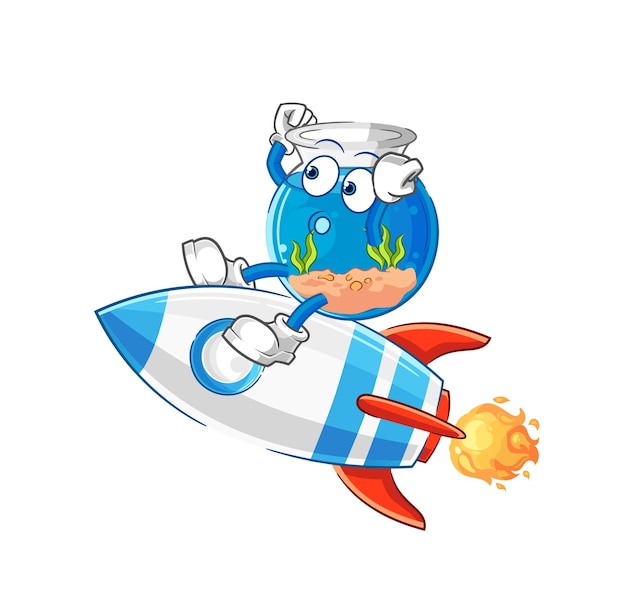 Fish bowl ride a rocket cartoon mascot vector