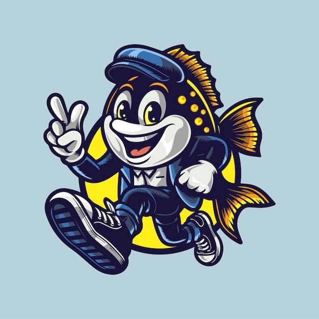 Vettore pesce in abbigliamento d'affari logo della mascotte nuoto verso la professionalità