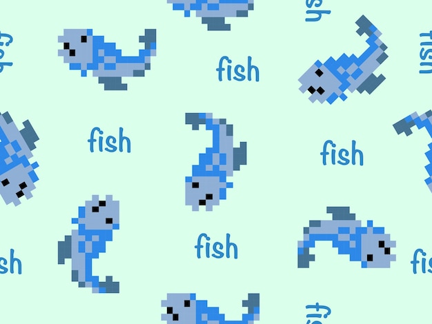 Fish cartoon character seamless pattern on blue backgroundPixel style