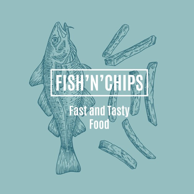 Vector fish and chips abstract vector card sign or logo template hand drawn cod fish and potato fries with modern typography in a frame premium quality vector emblem