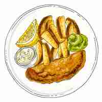 Vector fish and chips, english food. fried fish, potatoes, peas. vector color sketch of food