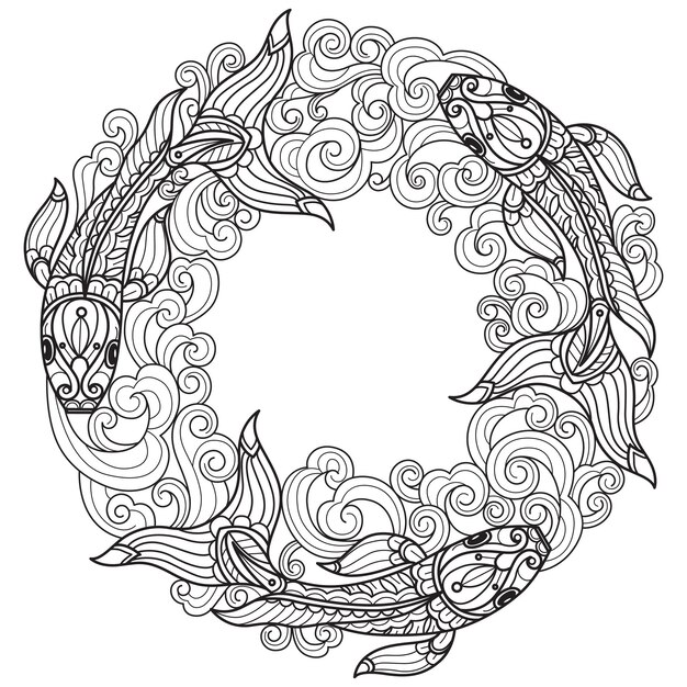 Vector fish and circle wave hand drawn for adult coloring book