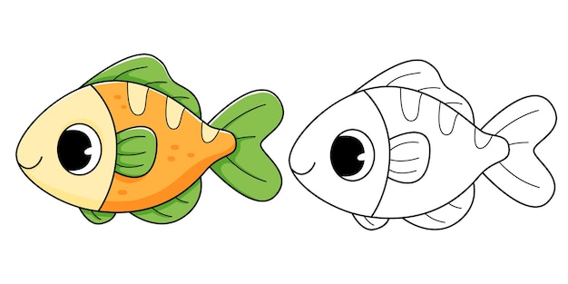 벡터 아이들을 위한 색칠 예제가 있는 물고기 색칠하기 책 물고기가 있는 색칠 페이지 흑백 및 색상
