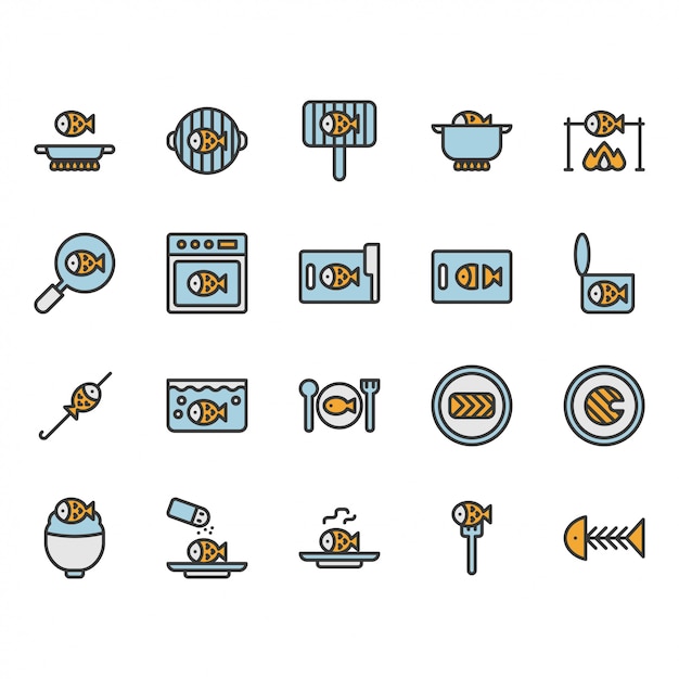 Fish cooking and food related icon and symbol set