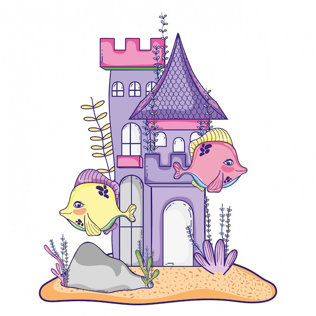 Fish couple with castle and seaweed plants