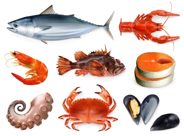 Pesce, gamberi, cozze, polpi. set di icone 3d. frutti di mare, stile realismo