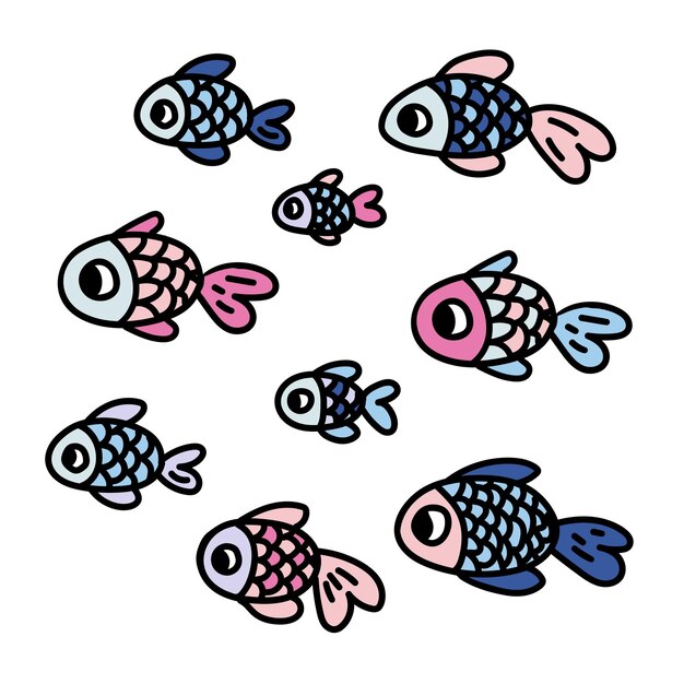 Vector fish cute set with different decorative items isolated on white