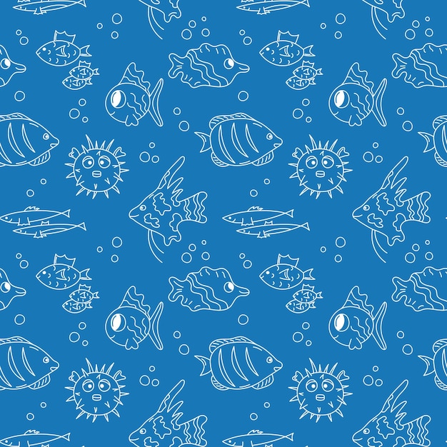 Modello di doodle di pesce illustrazione vettoriale senza giunture marine sfondo a due colori blu e bianco vita nell'oceano