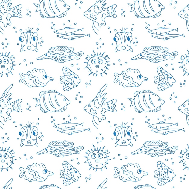 Fish doodles pattern Sea seamless vector illustration Cute blue hand drawn fish on white background