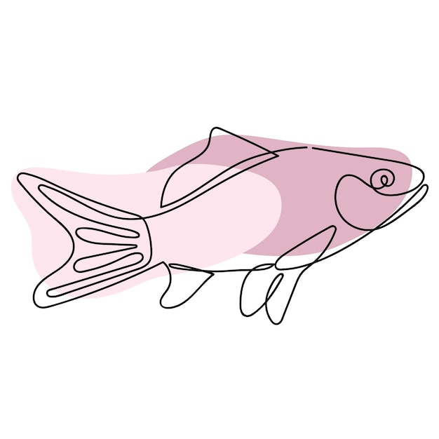 Pesce disegnato in una linea su bianco con macchie rosa di vernice animale sottomarino design per logo tatuaggio