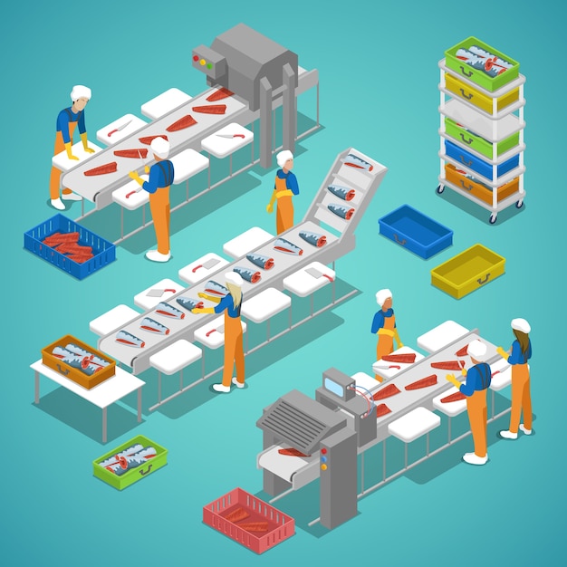 fish farming industry with conveyor and workers. vector flat 3d isometric illustration