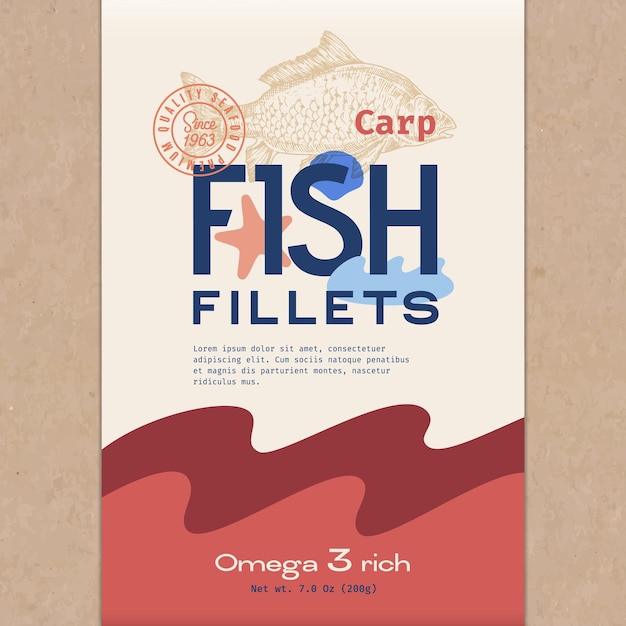 Vettore filetti di pesce abstract vector fish packaging design o etichetta tipografia moderna carpa disegnata a mano o carpa a specchio silhouette ed elementi colorati carta artigianale layout di sfondo