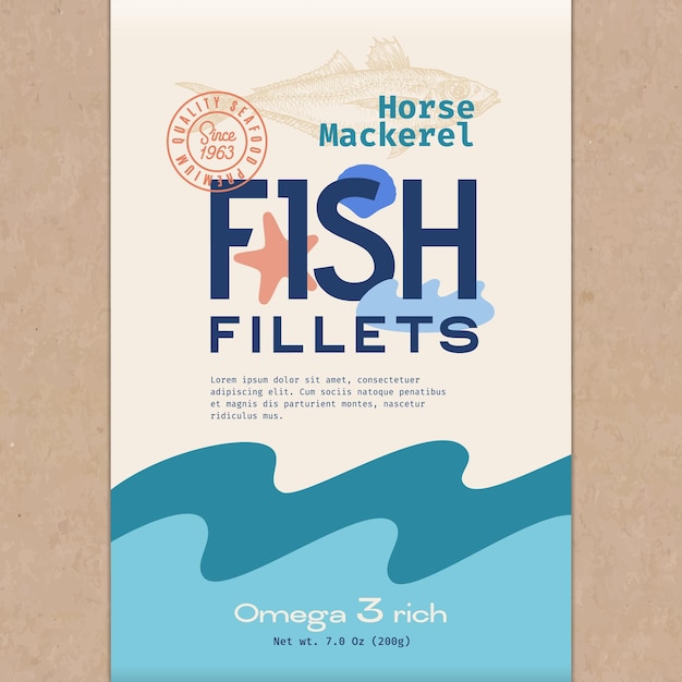 Fish Fillets Abstract Vector Fish Packaging Design or Label Modern Typography Hand Drawn Horse Mackerel Silhouette and Colorful Elements Craft Paper Background Layout