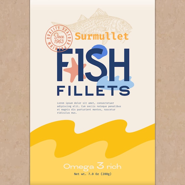 Fish Fillets Abstract Vector Fish Packaging Design or Label Modern Typography Hand Drawn Surmullet Silhouette and Colorful Elements Craft Paper Background Layout