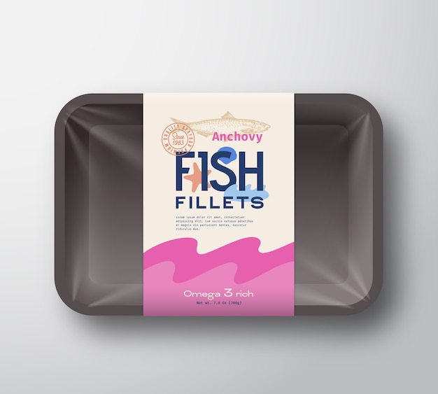 Confezione di filetti di pesce. contenitore per vassoio in plastica con pesce astratto con coperchio in cellophane. etichetta di imballaggio.
