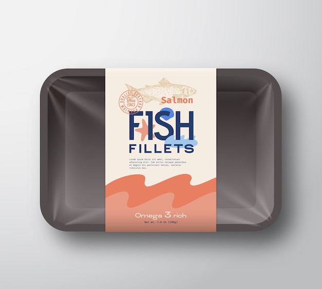 Fish fillets pack. abstract  fish plastic tray container with cellophane cover. packaging  label.