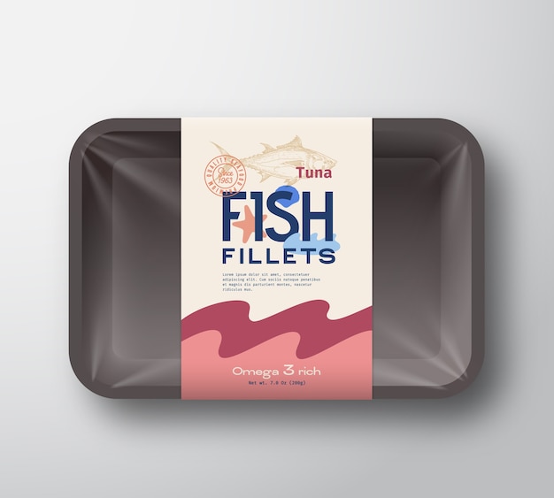 Confezione di filetti di pesce. contenitore per vassoio in plastica con pesce astratto con coperchio in cellophane. etichetta di imballaggio.