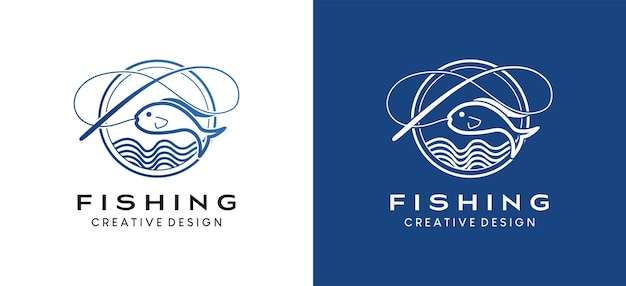 Дизайн логотипа векторной иллюстрации рыбной ловли с креативной концепцией, нарисованной вручную
