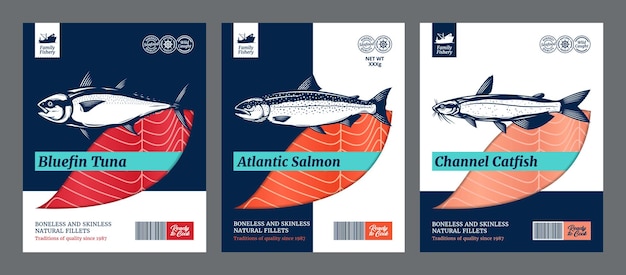 Fish flat style packaging design salmon catfish and tuna fish illustrations