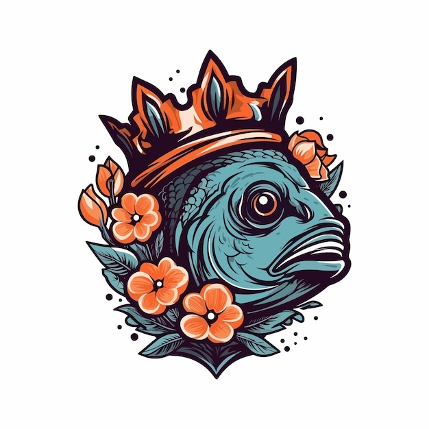 Fish flower handdrawn logo design illustration