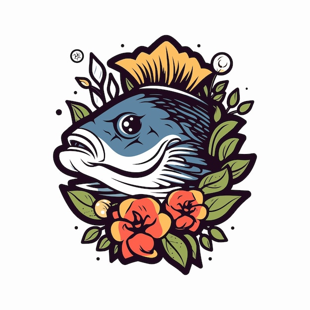 Fish flower handdrawn logo design illustration