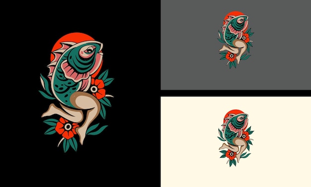 fish and flowers vector mascot design