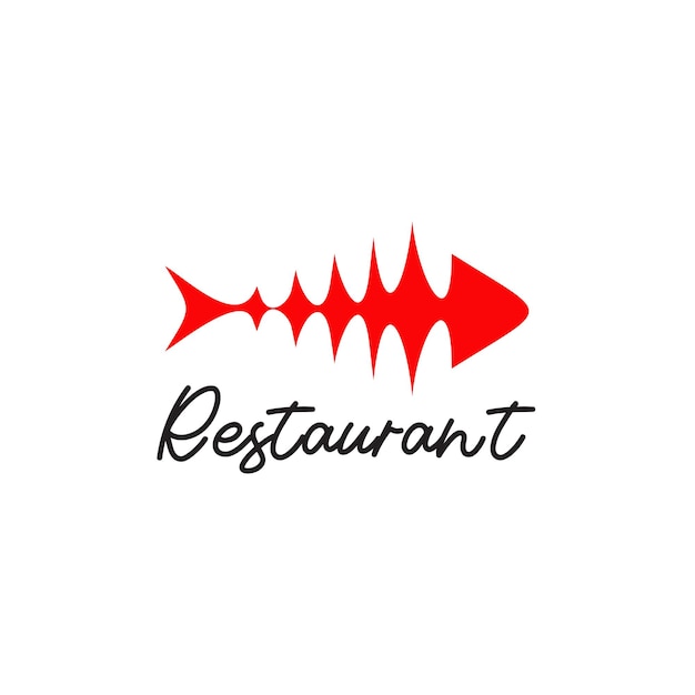 魚の骨のシンボルデザインの魚食レストランのロゴ