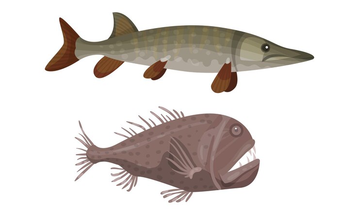 Vector fish from deep sea as gillbearing aquatic animals vector set