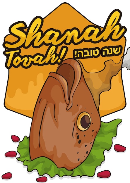 양상추 석류 씨앗을 곁들인 생선 머리 좋은 소원과 Rosh Hashana를 위한 Shanah Tovah 인사