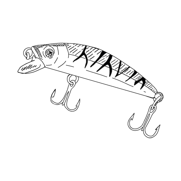 Fish hook minnow vector illustration tackle fly gudgeon spinner lure feeding bait line drawing ink