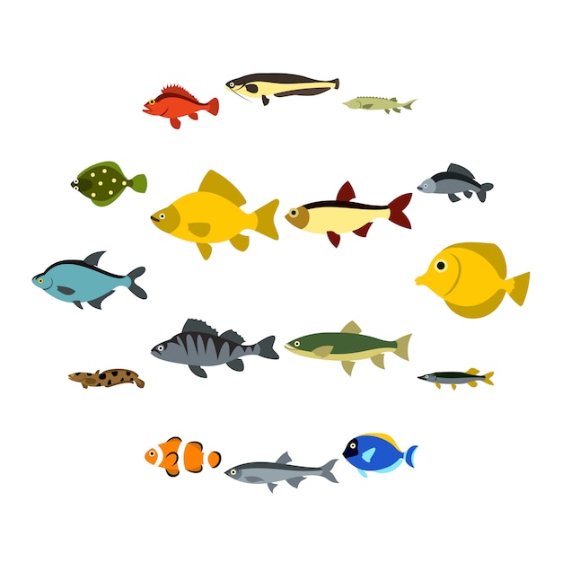 Vector fish icons set, flat style