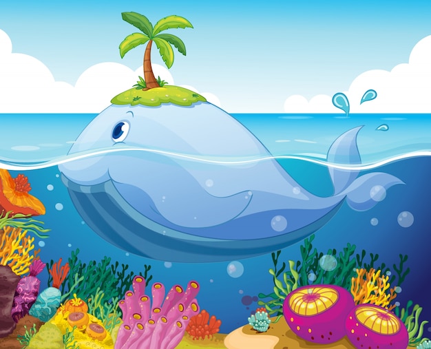 Vector fish, island and coral in the sea