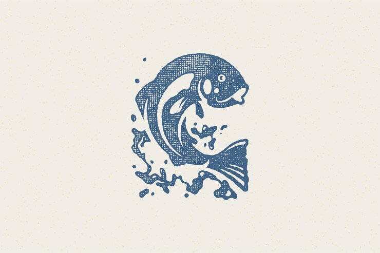 Vector 釣りクラブやシーフードマーケットの手描きのスタンプ効果のために水のシルエットから飛び出す魚