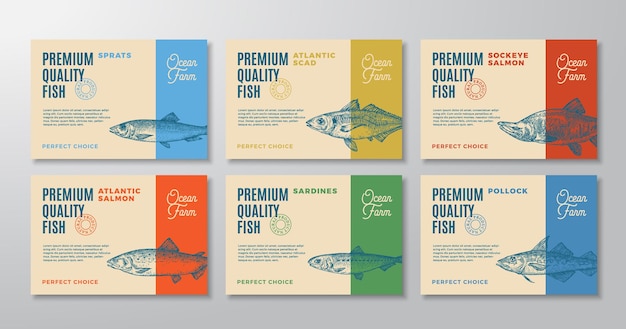 Le etichette di pesce impostano la collezione di layout di progettazione di imballaggi vettoriali astratti, la tipografia moderna e il disegno a mano...