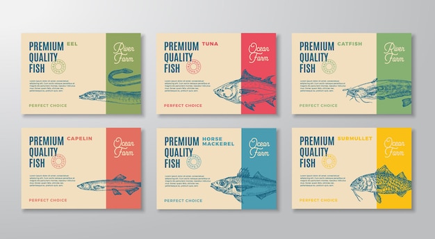 Vettore le etichette di pesce impostano la raccolta di layout di progettazione di imballaggi vettoriali astratti