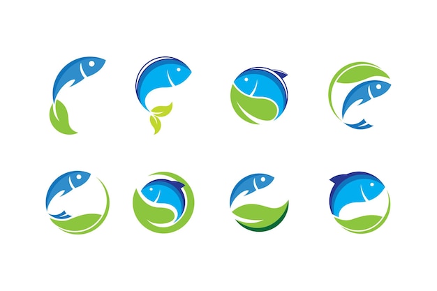 Vector fish leaf logo fish and leaf combination logo with 3d blue and green color style