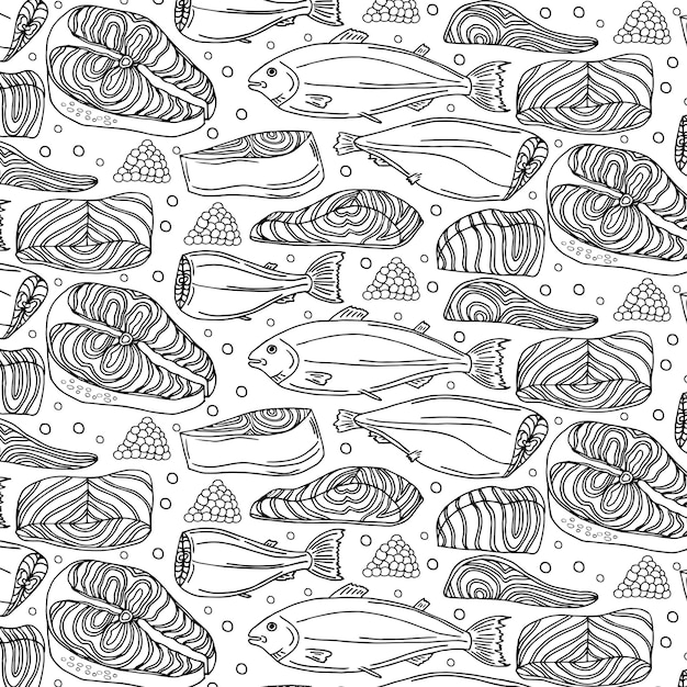 Fish, limon food chalk vector seamless pattern on white background.