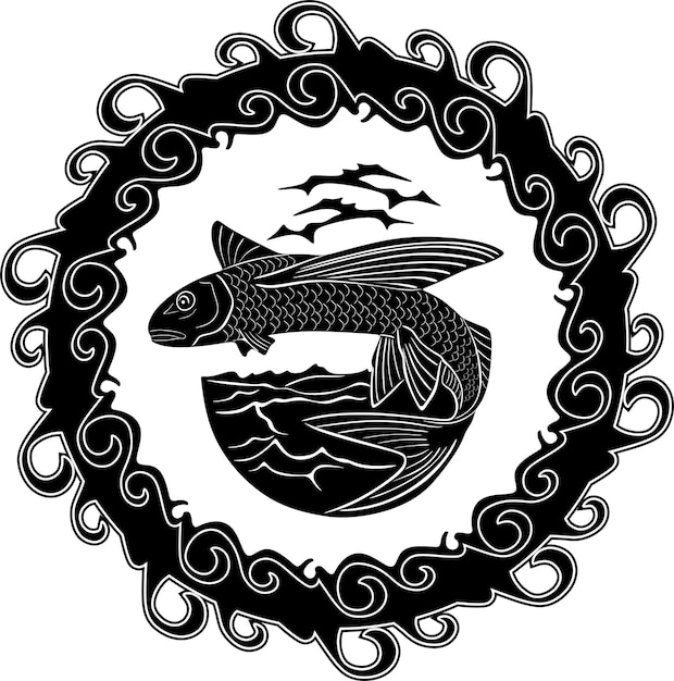 fish logo with abstract sea frame handamde silhouette model 6