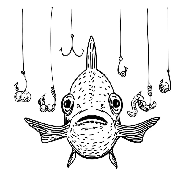 Vector fish and a lot of fish hooks hand drawn fishing symbol the metaphor that the fish is in danger