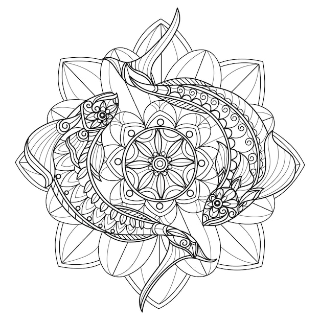 Vector fish and lotus flower hand drawn for adult coloring book