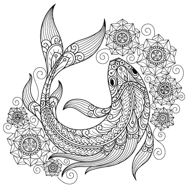 Fish and lotus Hand drawn sketch illustration for adult coloring book