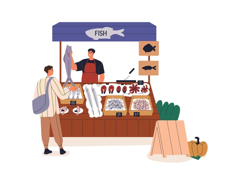 Vector fish market stall fishmonger selling fresh seafood at outdoor kiosk customer shopping choosing local sea food products street marketplace flat vector illustration isolated on white background