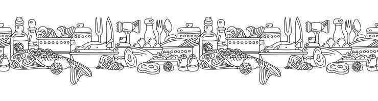 Vector fish and meat seamless border for menu and cookbook decoration on transparent background